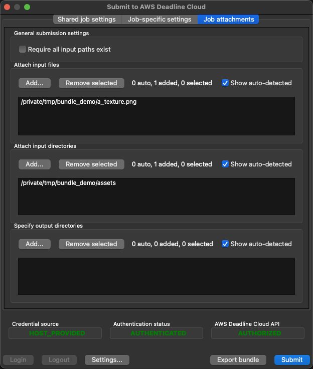 Il riquadro degli allegati del lavoro della GUI di invio dei lavori di Deadline Cloud. Aggiungi il file di input/. private/tmp/bundle_demo/a_texture.png and the input directory /private/tmp/bundle_demo/assets