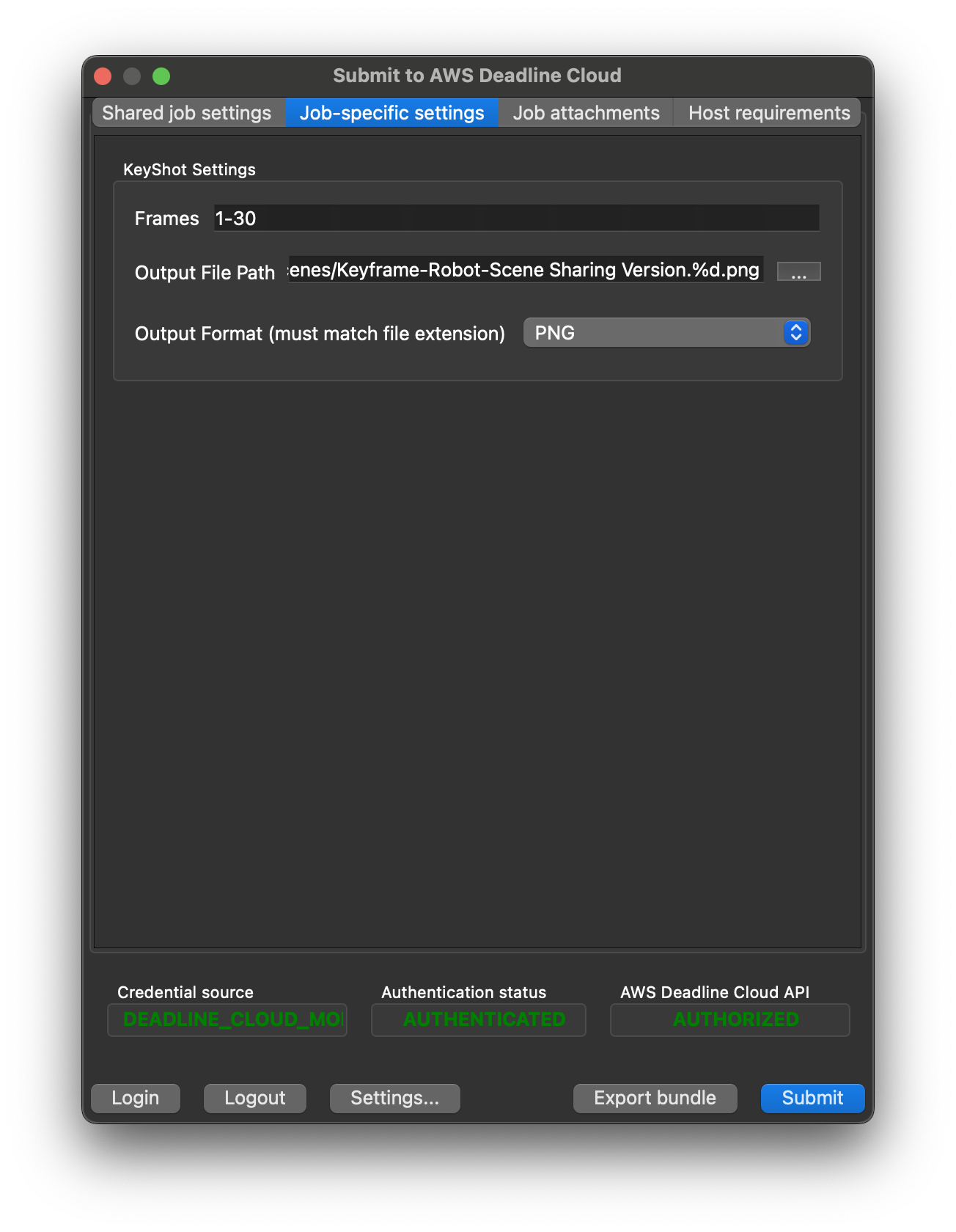 Invia alla finestra di invio di Deadline Cloud nella scheda Job-specific delle impostazioni, che mostra l'intervallo di KeyShot frame, il percorso del file di output e i campi del formato di output.