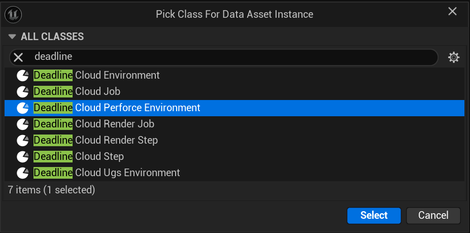 La finestra di dialogo Pick Class For Data Asset Instance è stata filtrata in base alla «scadenza», con Deadline Cloud Perforce Environment selezionato.
