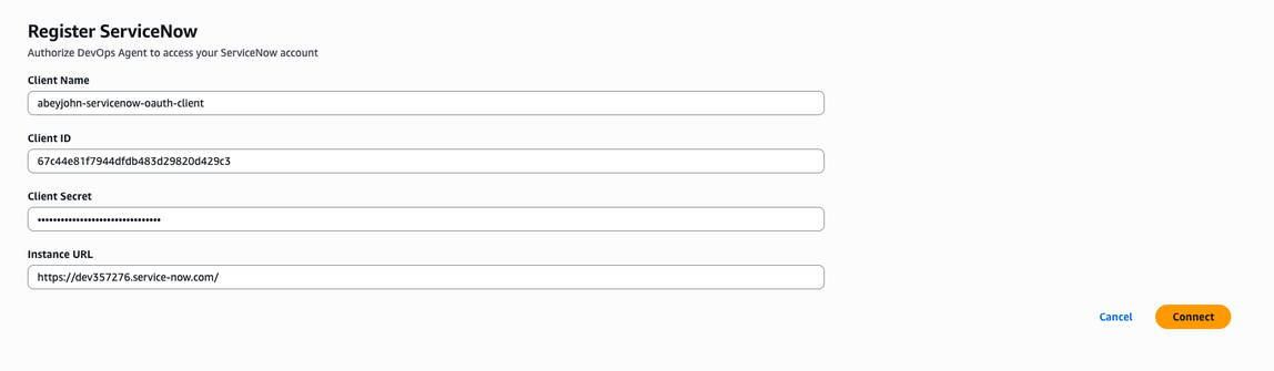 ServiceNow modulo di registrazione con campi per nome cliente, ID cliente e URL dell'istanza.