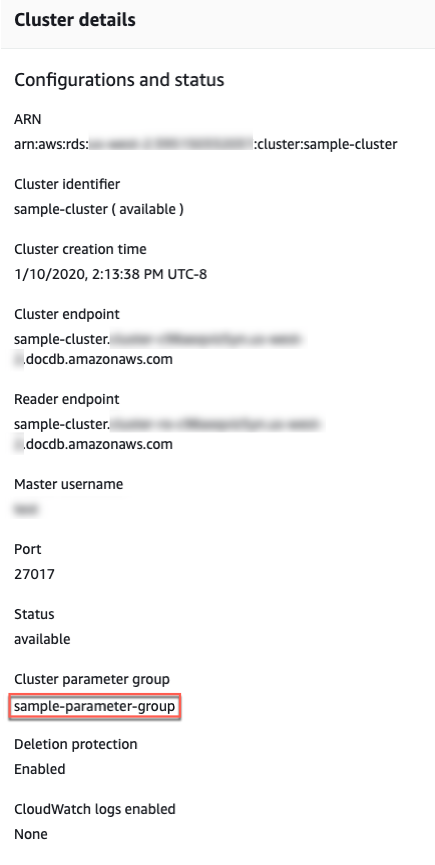 Screenshot: visualizzazione del gruppo di parametri di un cluster.
