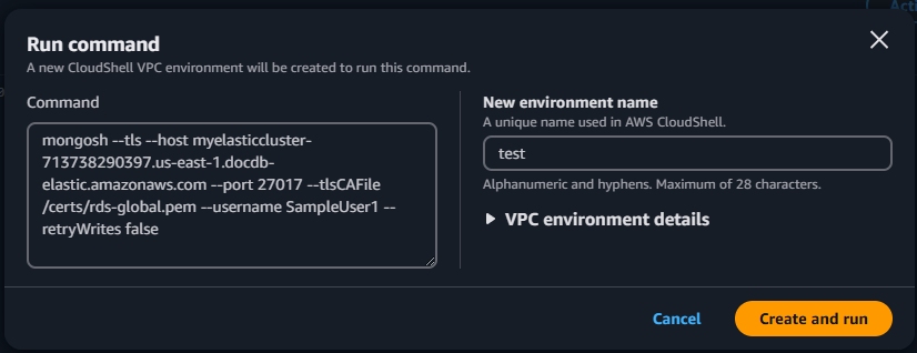 Elastic cluster CloudShell Run: schermata di comando che richiede un nuovo nome di ambiente