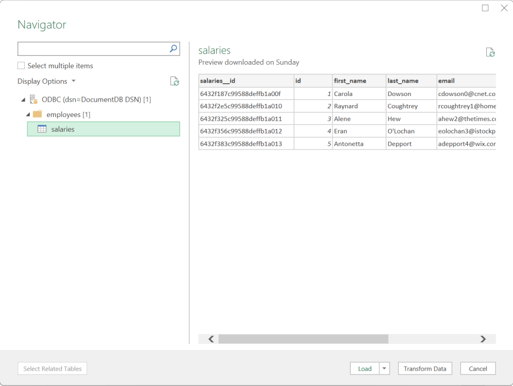L'interfaccia di Navigator con la tabella degli stipendi selezionata e un'anteprima dei relativi dati.