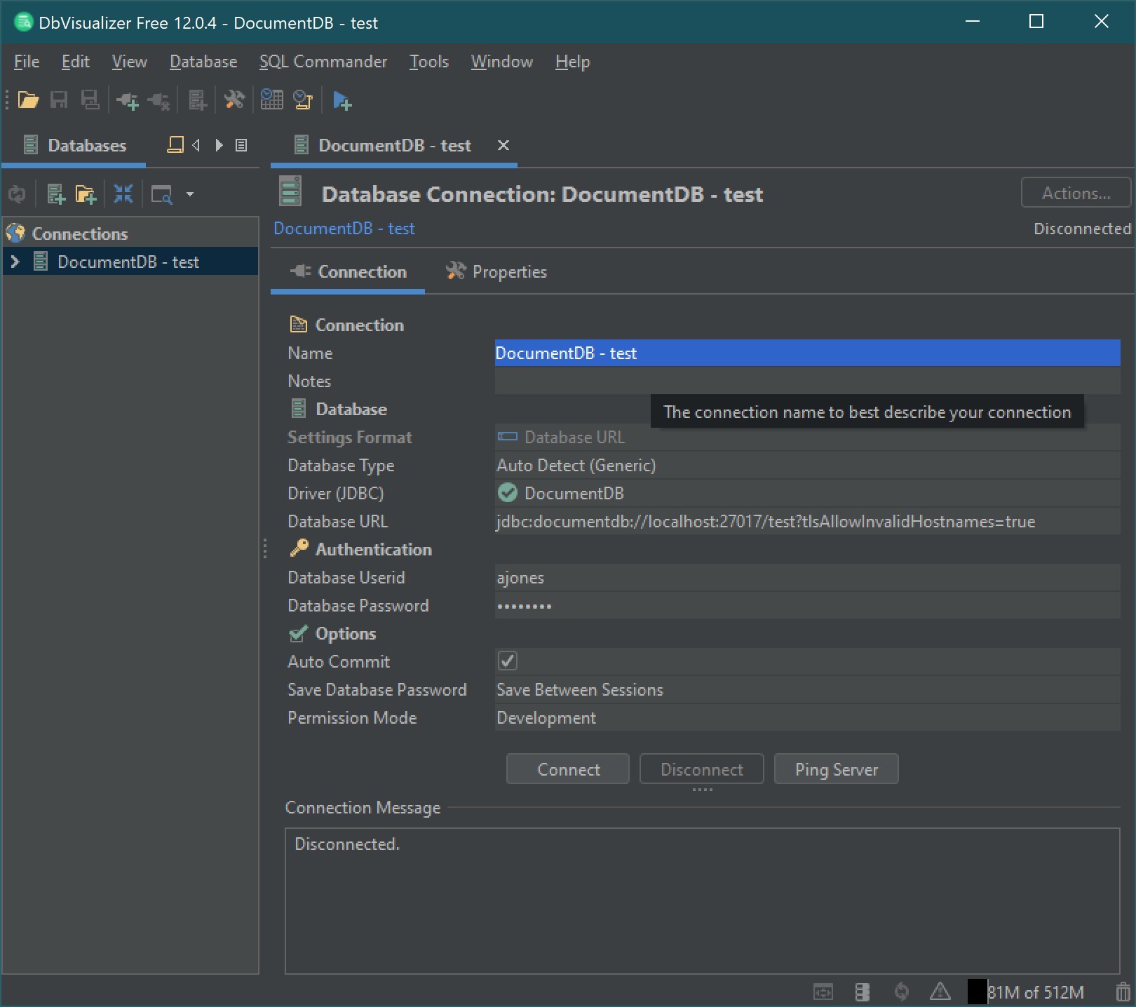 Interfaccia di connessione al database con impostazioni DocumentDB.