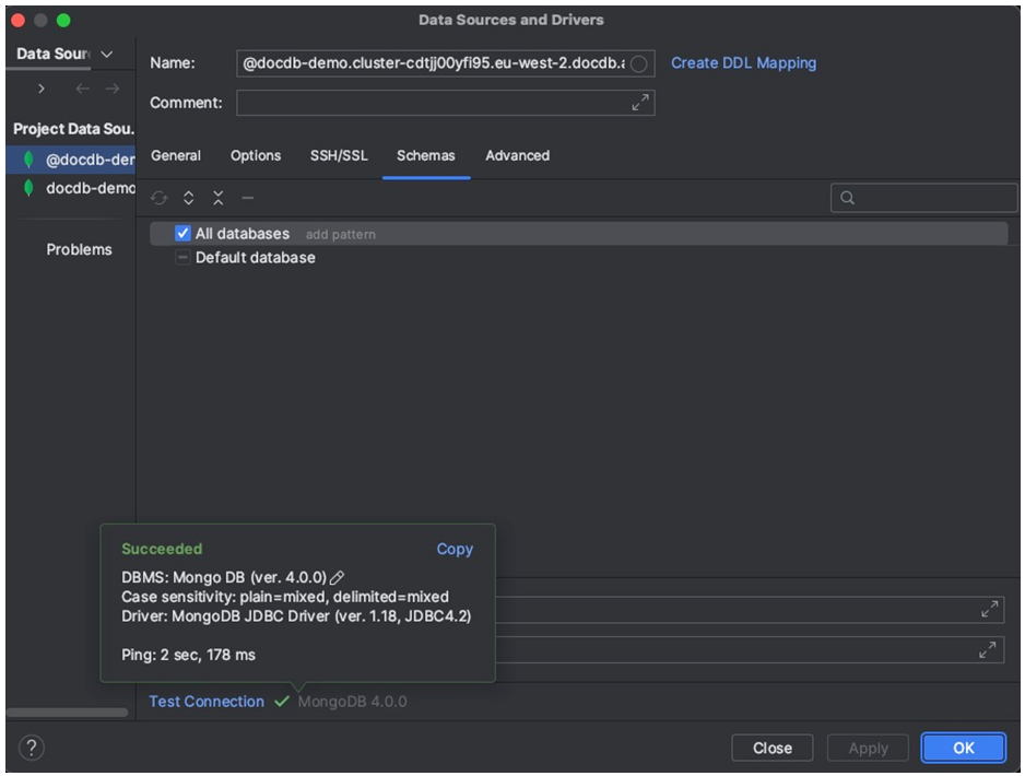 La scheda Schemi nell'interfaccia Data Sources and Drivers con l'opzione Tutti i database selezionata. Sopra il link Test Connection viene visualizzato un messaggio di successo.