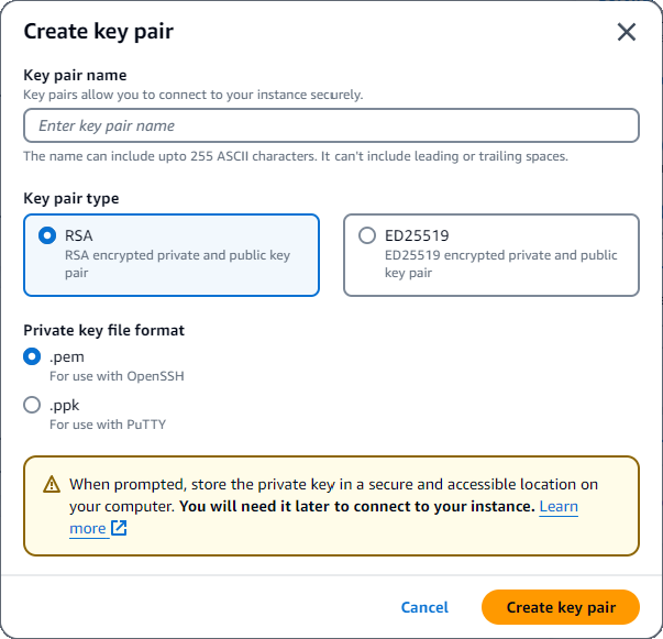 L'interfaccia Create key pair con campi per il nome, il tipo e il formato del file della coppia di chiavi. Il pulsante Crea key pair si trova nell'angolo in basso a destra.