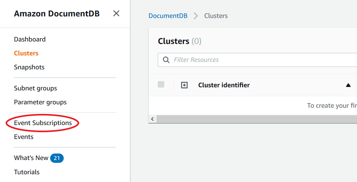 Pannello di navigazione della console Amazon DocumentDB con l'opzione Event Subscriptions evidenziata.