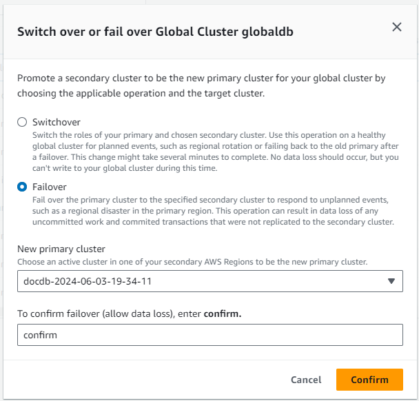 Immagine: finestra di dialogo di switchover o failover del cluster globale.