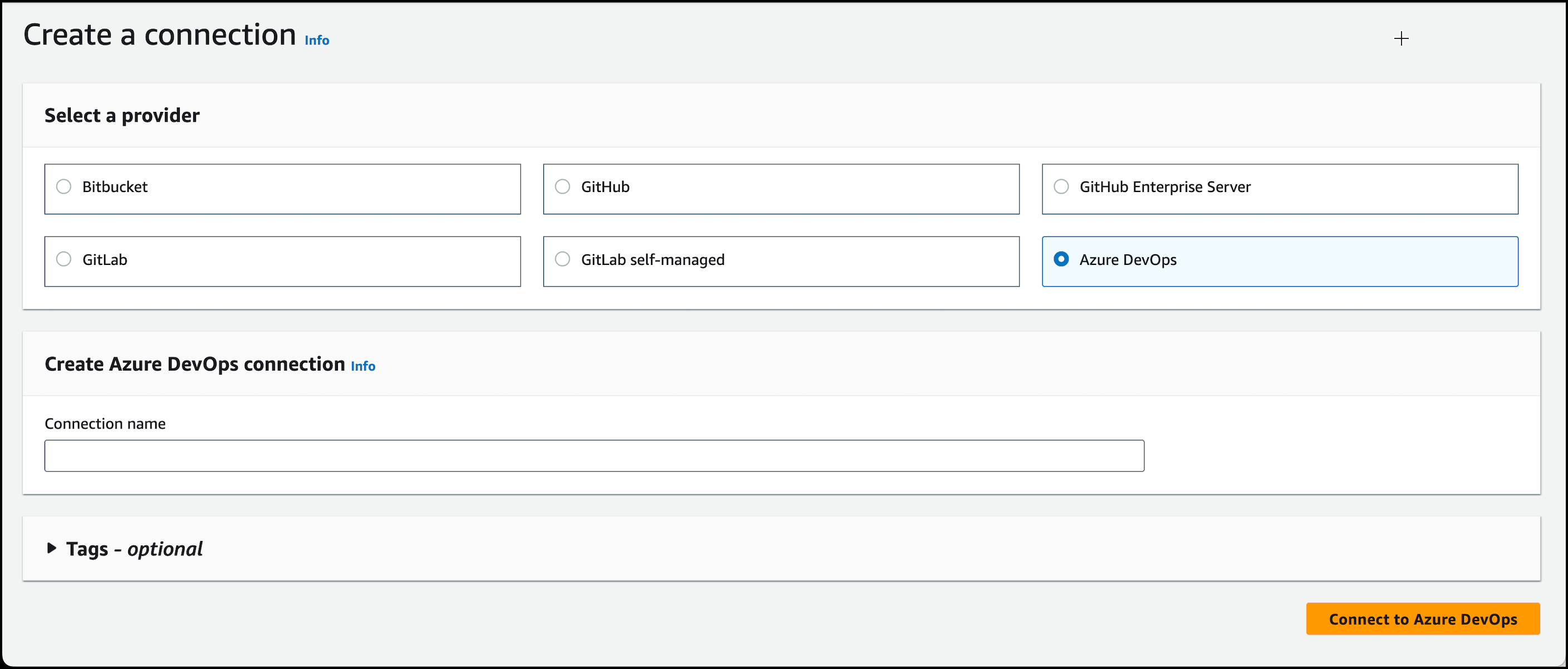 Schermata della console che mostra l'opzione di connessione selezionata per Azure. DevOps