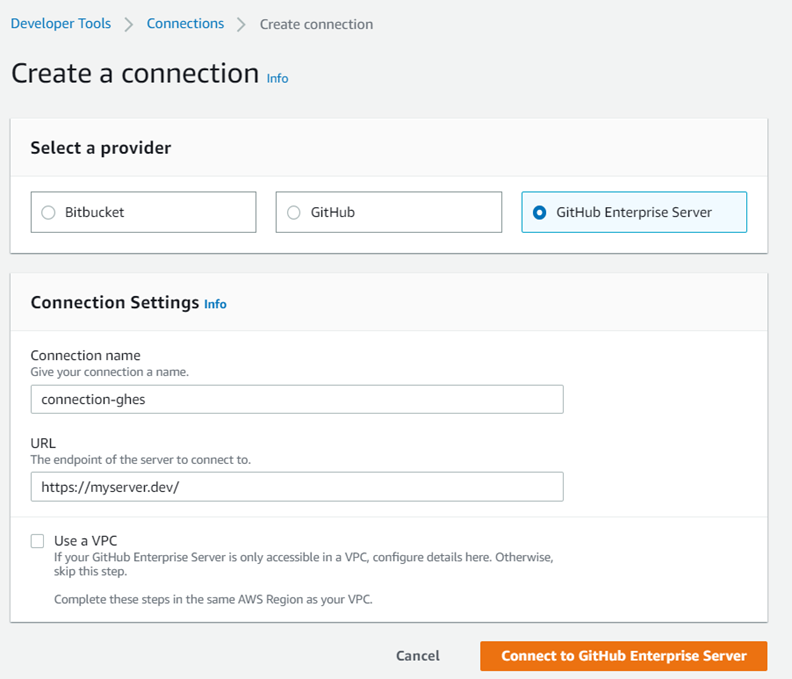 Schermata della console che mostra la pagina Crea impostazioni host senza VPC.