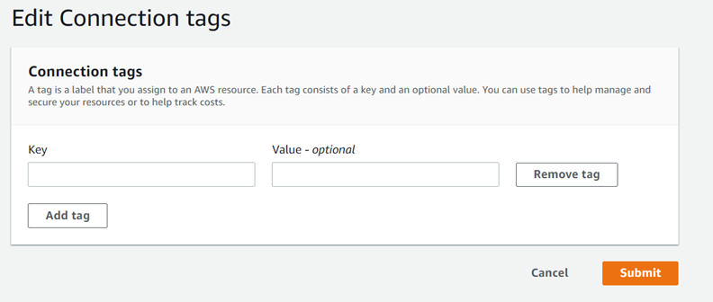 Connection tags interface with fields for Key and Value, and buttons to Add tag and Remove tag.