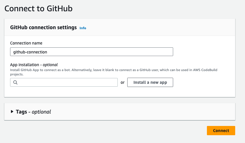 Schermata della console che mostra la pagina di GitHub connessione iniziale con il campo GitHub App.