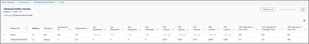 Pagina sullo stato dell'ambiente per un ambiente Windows.