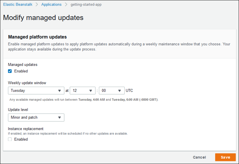 Pagina di configurazione Modify managed updates (Modifica degli aggiornamenti gestiti)