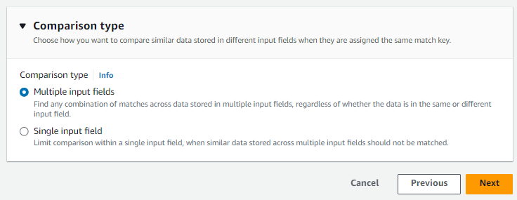 Opzioni relative al tipo di confronto: campi di input multipli per trovare corrispondenze tra i dati archiviati in più campi o campo di input singolo per limitare il confronto all'interno di un campo.