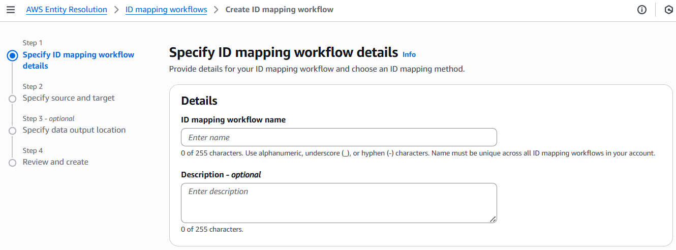 The name and description fields on the Specify ID mapping workflow page