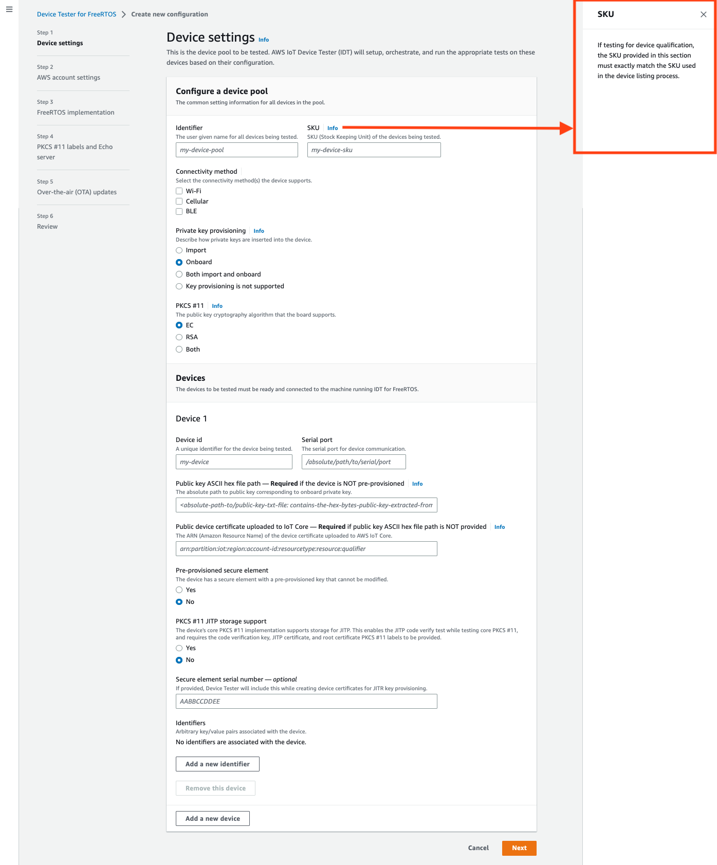 Schermata di configurazione di Device Tester for FreerTOS con campi Identifier e SKU per la configurazione di un pool di dispositivi, opzioni di impostazione del dispositivo come metodo di connettività, key provisioning, impostazioni PKCS #11, campi di immissione dei dettagli del dispositivo e controlli per aggiungere dispositivi o identificatori.