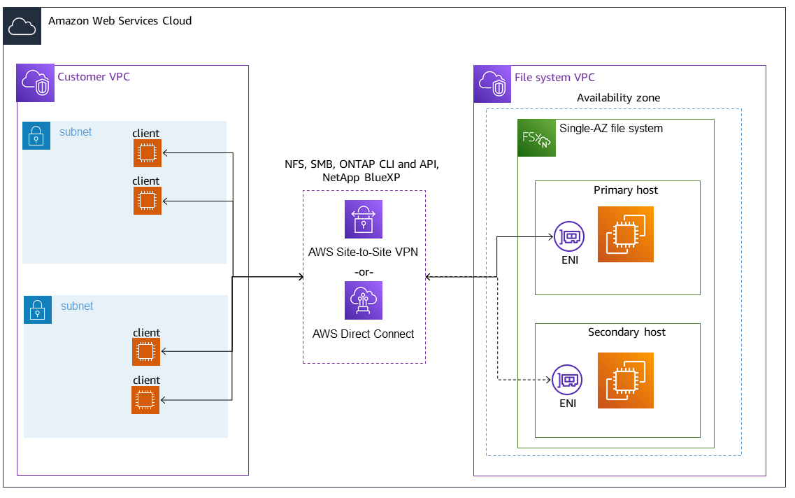 Utilizzo Site-to-Site VPN o accesso Direct Connect agli endpoint di gestione NFS, SMB e ONTAP su un file system Single-AZ che si trova in un VPC diverso da quello dei client che vi accedono.