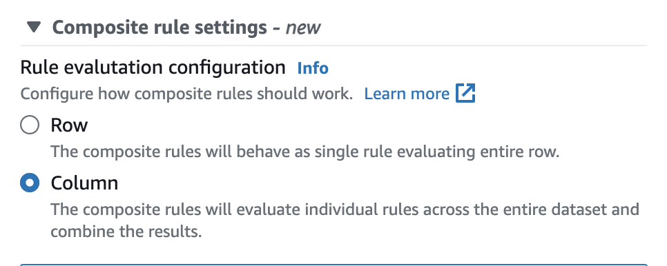 La schermata mostra una finestra delle impostazioni delle regole composite in cui è possibile scegliere la configurazione di valutazione delle regole tra riga e colonna. Se si sceglie Riga, le regole composite si comporteranno come una singola regola che valuta l'intera riga. Se si sceglie Colonna, le regole composite valuteranno le singole regole dell'intero set di dati e combineranno i risultati.