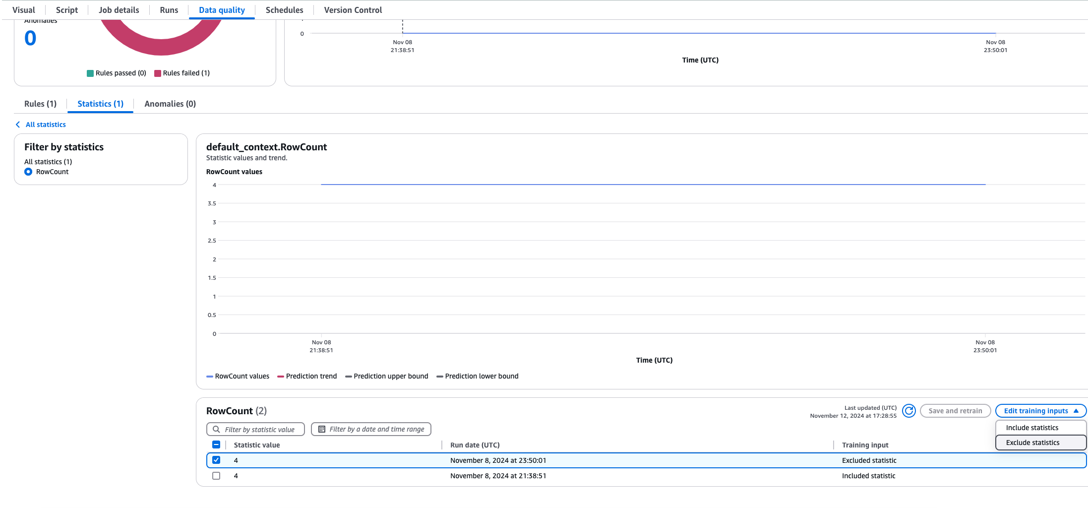 La schermata mostra l'opzione per escludere o includere le statistiche dal menu a discesa dopo aver selezionato una statistica.