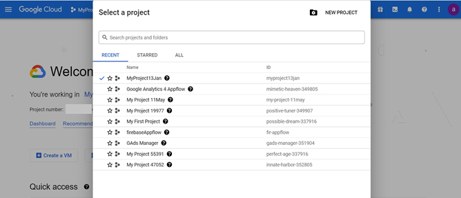 Lo screenshot mostra la pagina di selezione di un progetto. Scegli Nuovo progetto nell'angolo in alto a destra.