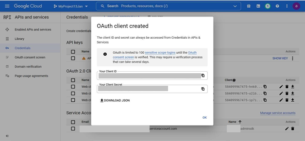 La schermata mostra la pagina Crea ID OAuth cliente e la sezione Reindirizzamento URIs autorizzato. Qui, aggiungi URIs e scegli AGGIUNGI URI se necessario. Al termine, scegliere CREA.