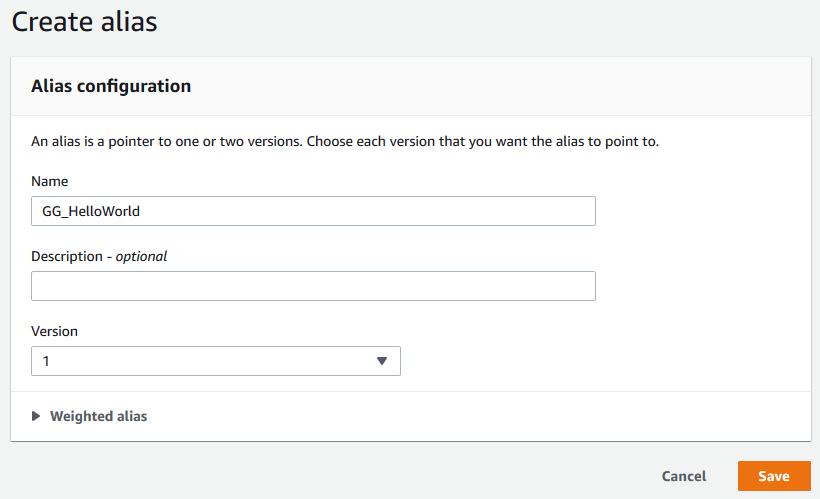 Schermata di Crea un nuovo alias con il campo Nome impostato su GG_ e il campo Versione impostato su HelloWorld 1.