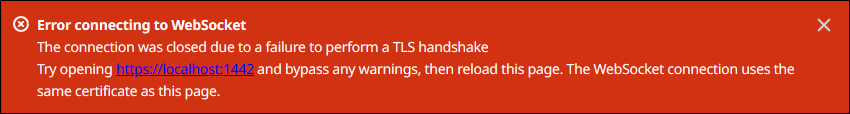 L'errore di handshake WebSocket TLS nella console di debug locale.