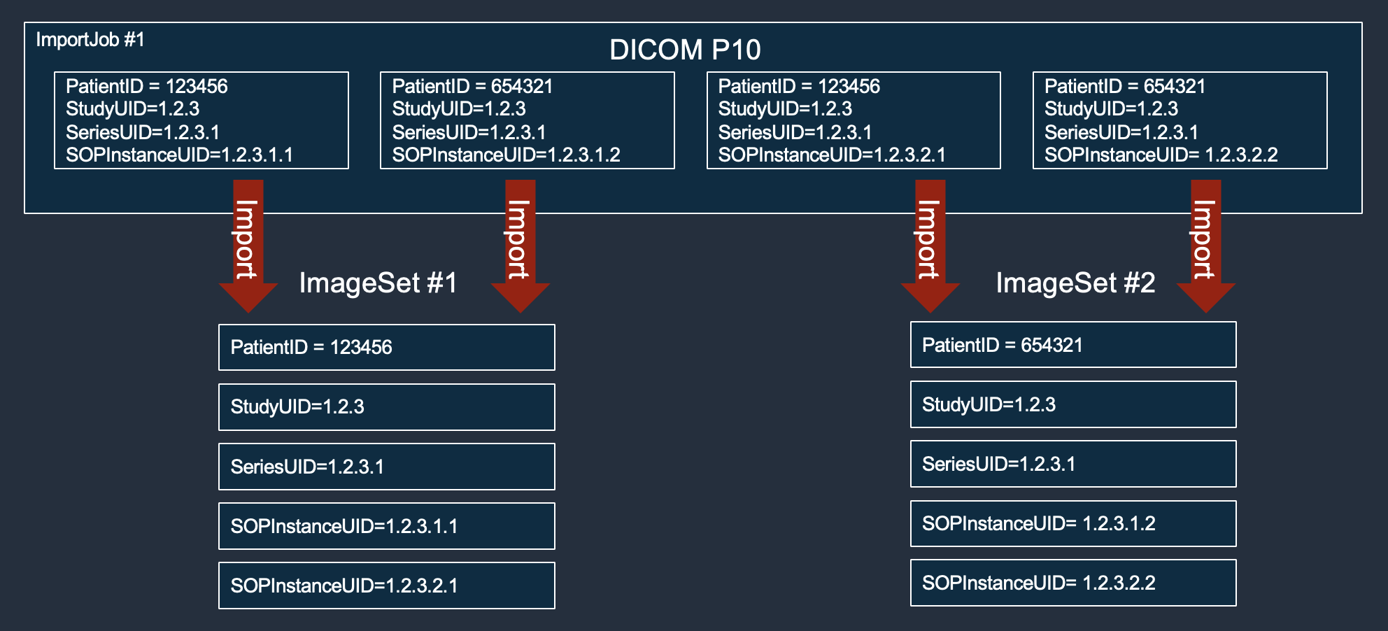 Diagramma che mostra l'aspetto di due varianti del set di immagini HealthImaging utilizzando un unico processo di importazione.