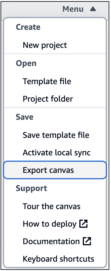 Menu di Infrastructure Composer con Export canvas selezionato.