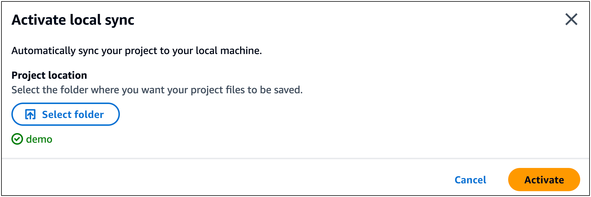 La finestra di sincronizzazione locale di Infrastructure Composer Activate con una cartella di progetto demo selezionata e il pulsante Activate è pronto per essere selezionato.
