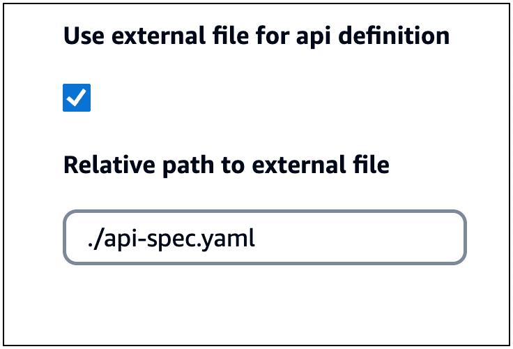 Una finestra che mostra la casella di controllo contrassegnata in Usa un file esterno per la definizione dell'API e un percorso relativo a un file esterno definito.