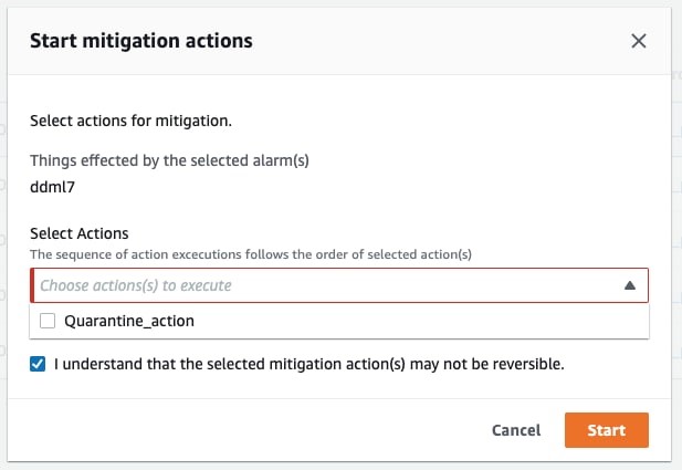 Finestra di dialogo relativa alle azioni di mitigazione con "udml7" elencato come oggetto interessato, casella di controllo per confermare le azioni irreversibili e menu a tendina per scegliere le azioni da eseguire.