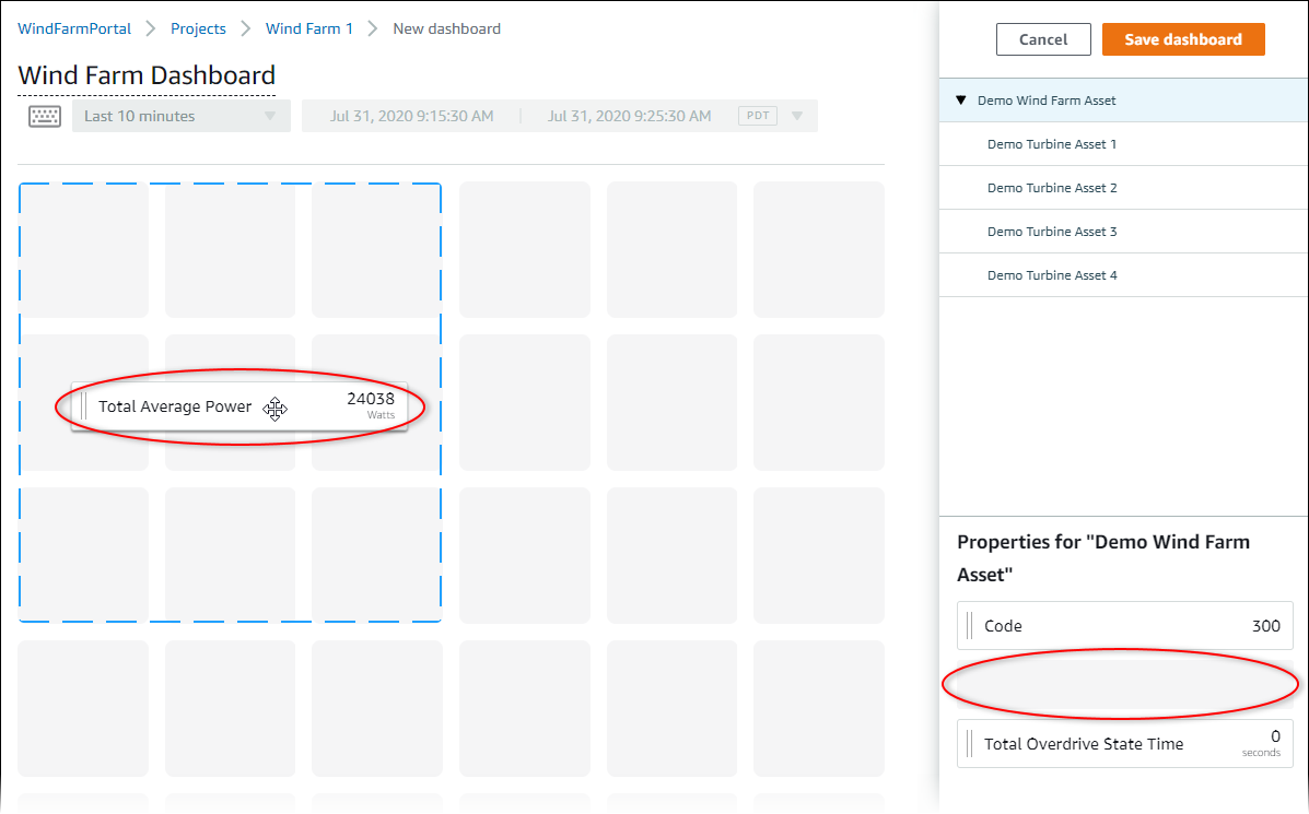 La pagina di modifica «Dashboard» con la proprietà «Average Total Power» che trascina una proprietà dell'asset nella dashboard.