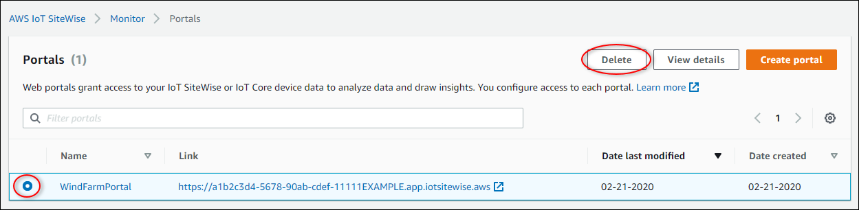 La pagina "Portals (Portali)" con il portale della centrale eolica e "Delete (Elimina)" evidenziati.