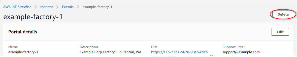Pagina dei dettagli del portale con l'opzione Elimina evidenziata.