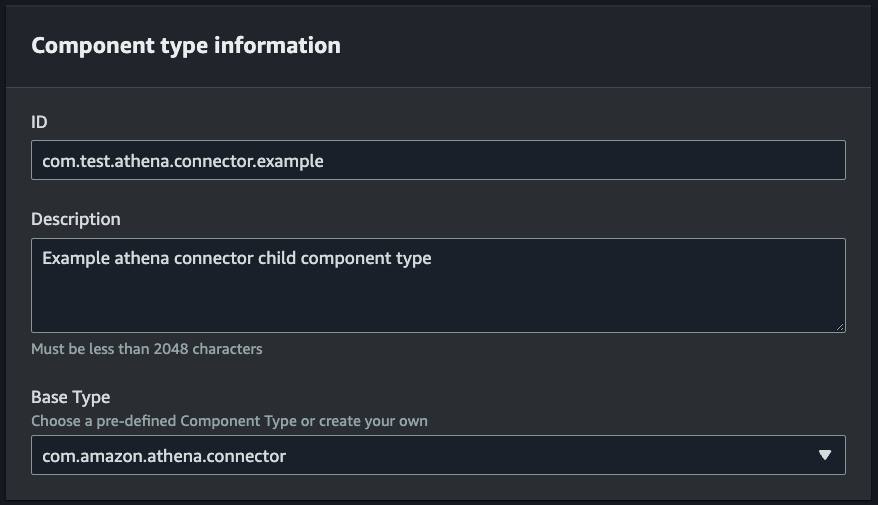 La pagina della console informativa sul tipo di componente con i campi di immissione per l'ID, la descrizione e il tipo di base.