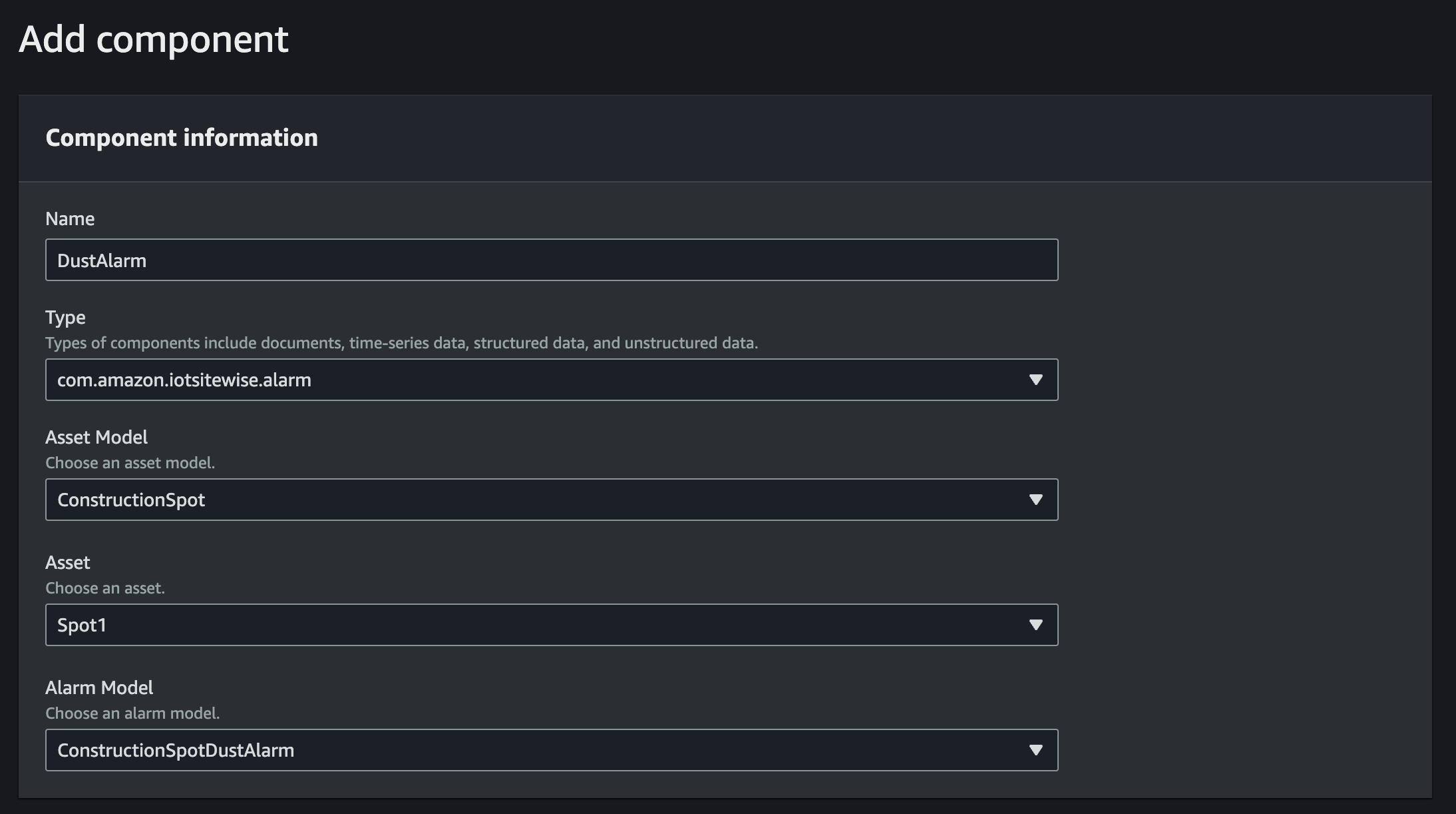 La schermata Aggiungi componente mostra un componente di tipo com.amazon.iotsitewise.alarm.