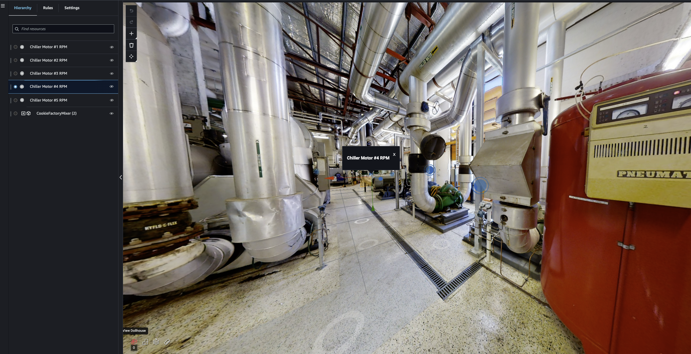 Una AWS IoT TwinMaker scena con un ambiente Matterport importato.