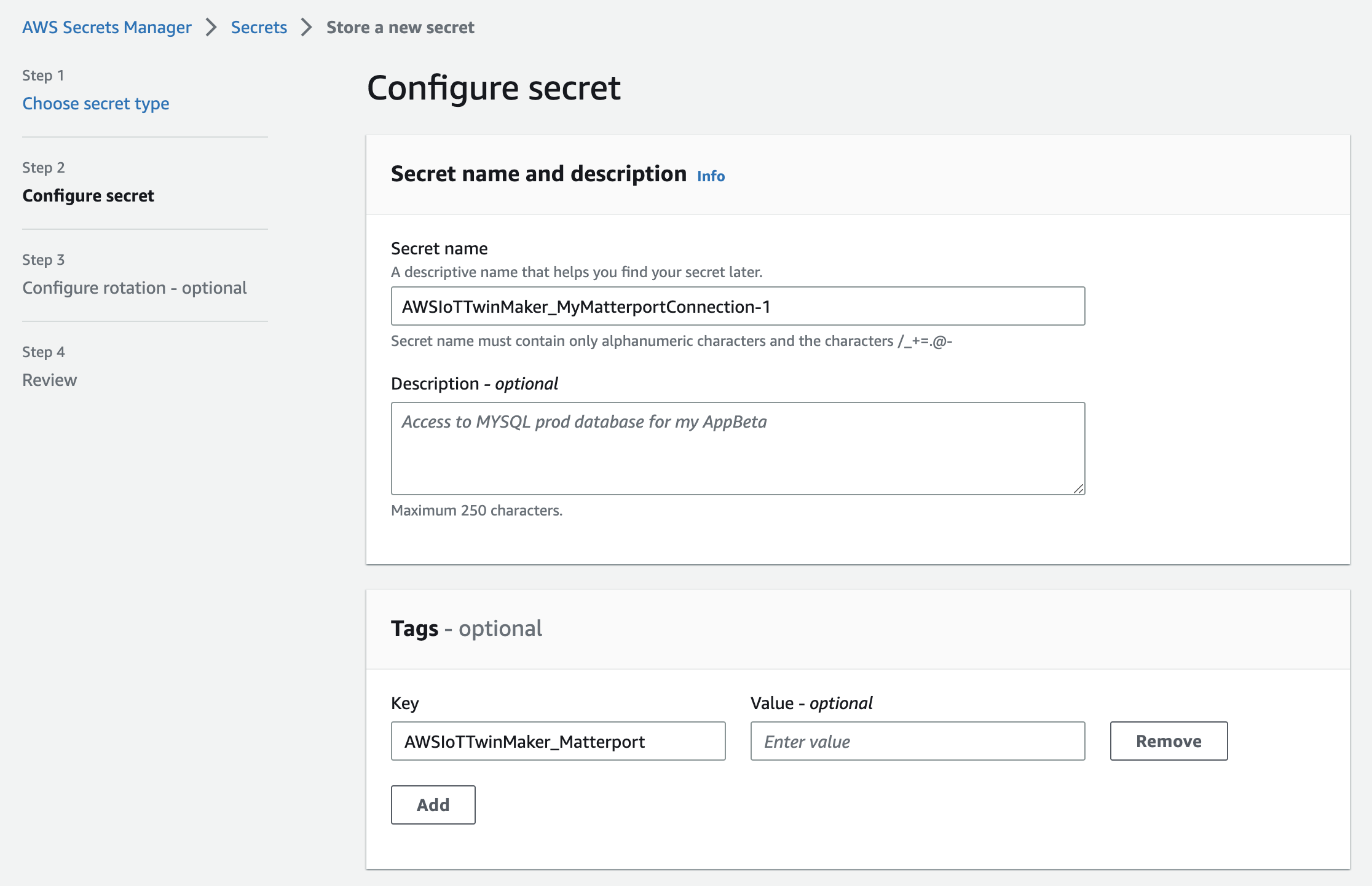 Una pagina Configure segreta della console con la chiave Tag inserita.