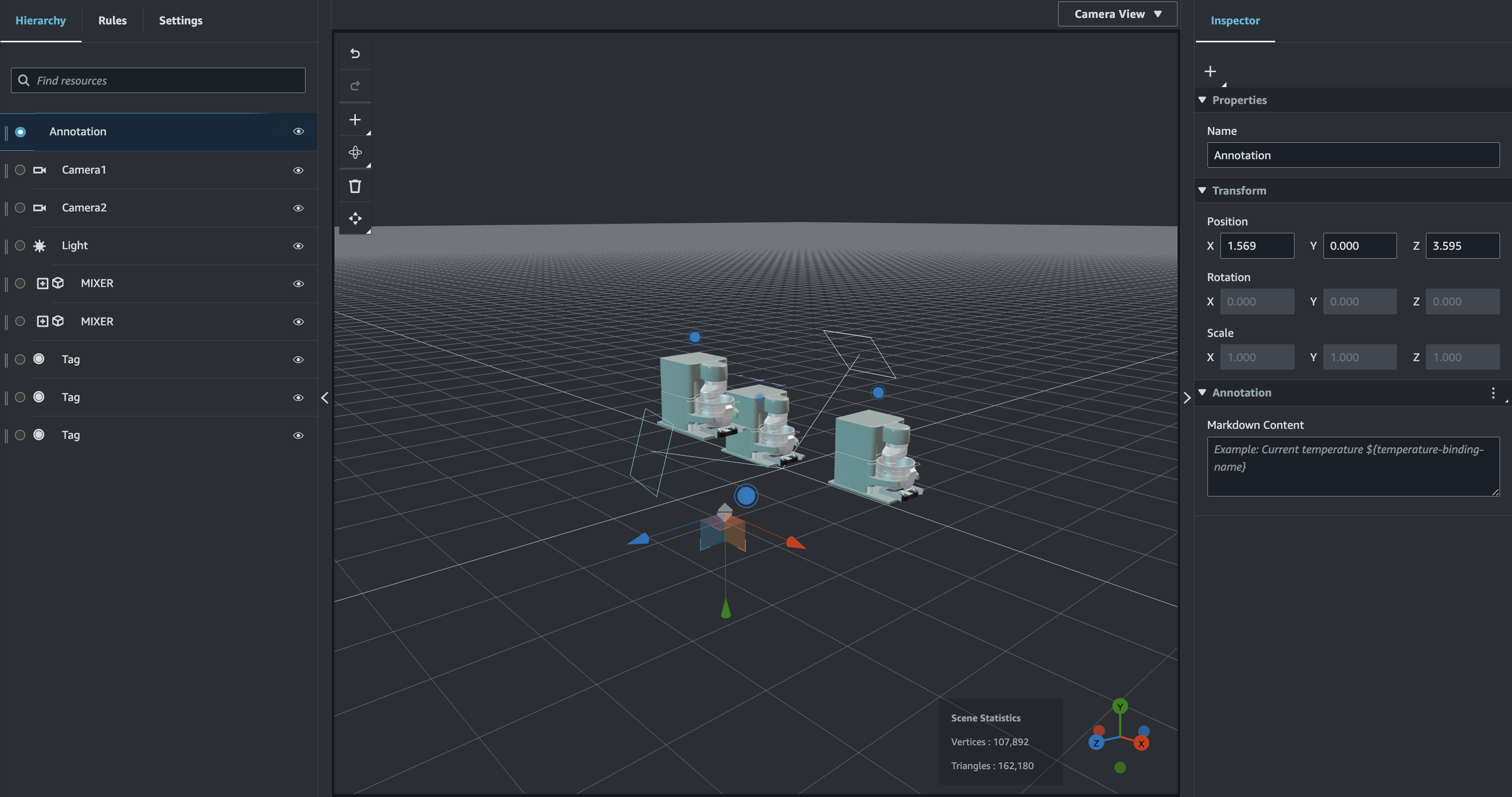 Viene visualizzata una pagina di scene canvas con il modulo di immissione dei contenuti markdown del pannello di annotazione.