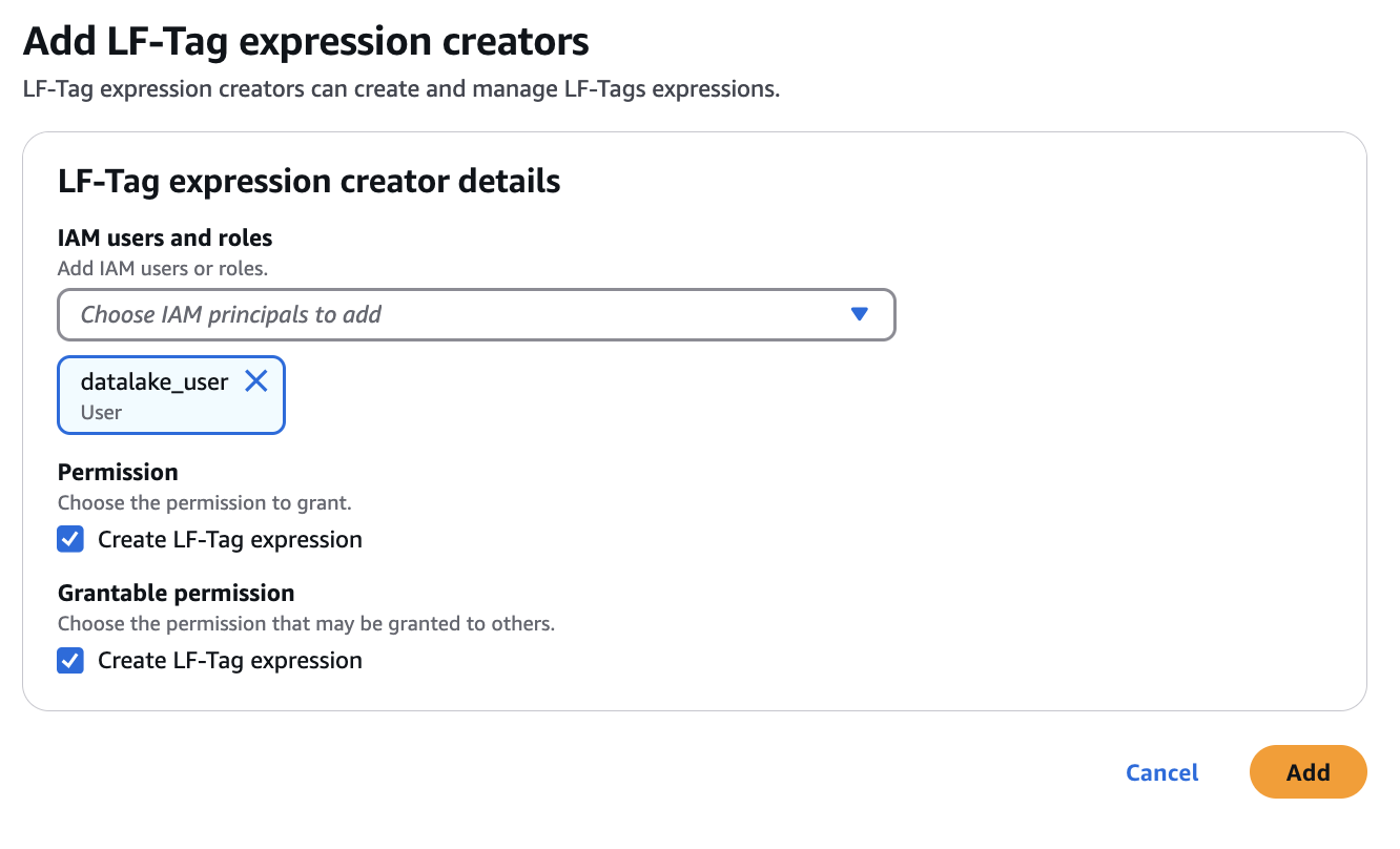 Form to add LF-Tag expression creators with Utente IAM selection and permissions.