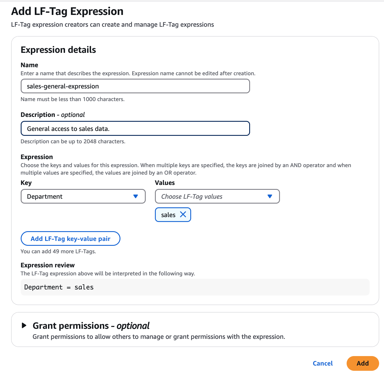 La pagina contiene campi per aggiungere un nome, una descrizione e un menu a discesa per selezionare il corpo dell'espressione. Gli utenti possono anche avere la possibilità di concedere le autorizzazioni.