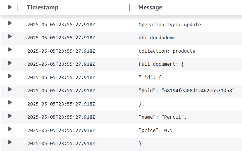 CloudWatch flusso di log per l'aggiornamento dei record del database