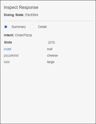 Il riquadro di ispezione del riepilogo delle risposte della console Amazon Lex.