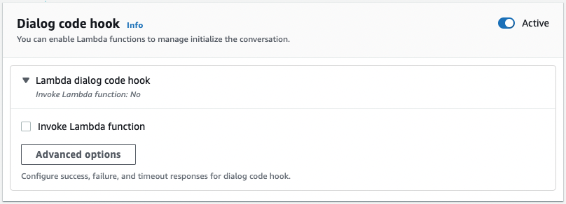 La sezione code hook dell'editor di intenti di Amazon Lex V2.