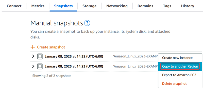 Copia lo snapshot in un'altra regione nella console Amazon Lightsail.