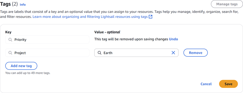 Eliminazione di un tag nella console Lightsail.