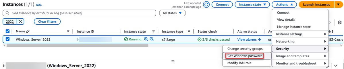 Ottenimento della password amministratore predefinita di Windows Server nella console Amazon EC2.