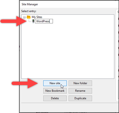 Nuova configurazione del sito in FileZilla.